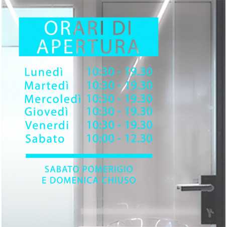 ADESIVO NEGOZIO VETRINA ORARI DI APERTURA VINILE ELEGANT AZZURRO