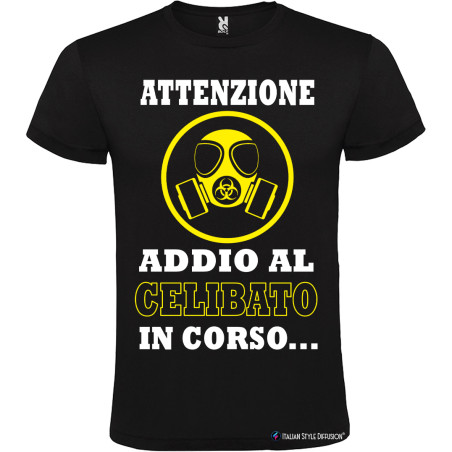 Maglietta attenzione addio al celibato in corso nero