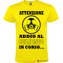 Maglietta attenzione addio al celibato in corso giallo