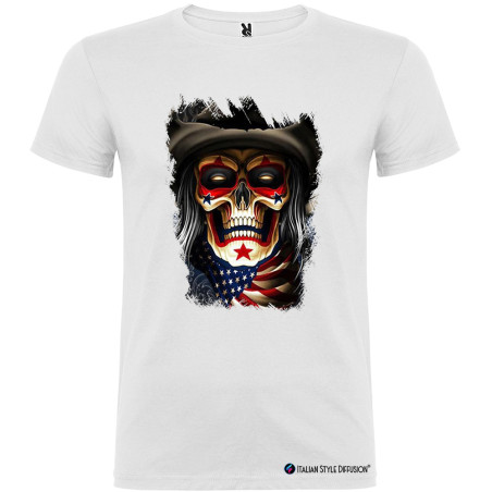 T-SHIRT PERSONALIZZATA NERO TESCHIO COW BOY AMERICA USA COLORE BIANCO