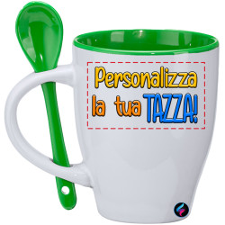 Tazza personalizzata mug manico colorato Bia con cucchiaio in tinta colore verde