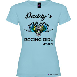 Maglietta personalizzata donna Daddy's racing girl con nome colore azzurro