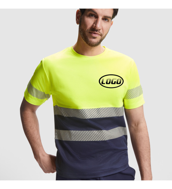 T-shirt fluorescente ad alta visibilità con logo personalizzato giallo blu
