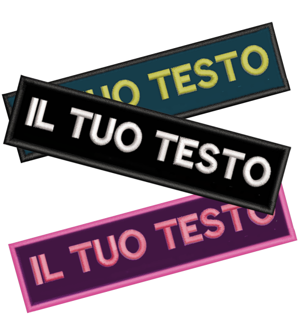 Patch rettangolare ricamata personalizzata con testo su misura, ideale per abbigliamento, divise e accessori