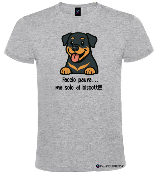 Maglietta Rottweiler “Faccio Paura… Ma Solo ai Biscotti!” – T-Shirt Unisex colore grigio