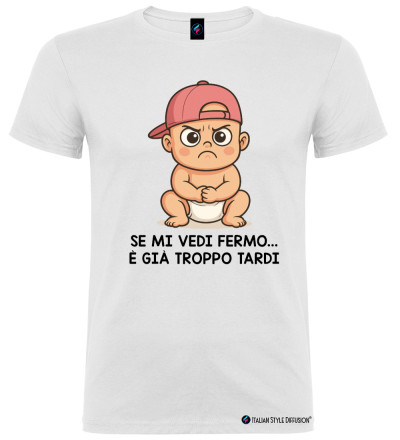 T-Shirt personalizzata Bambino Birichino "Se mi vedi fermo… è già troppo tardi" colore bianco