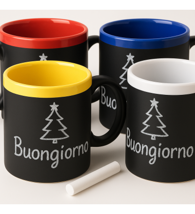 tazza nera effetto lavagna con scritta personalizzata e interno rosso, blu, giallo o bianco