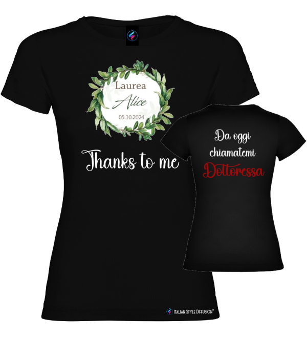 Maglietta donna laurea personalizzata con nome e data – Stampa fronte e retro – Italian Style Diffusion® nero