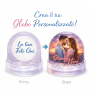 Prima e dopo globo di neve personalizzato con foto e nomi, esempio di personalizzazione