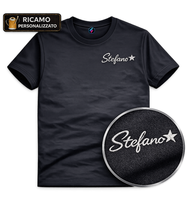 T-Shirt Uomo Ricamata Personalizzata Nome + Disegno | 26 Colori | XS-XXXXL