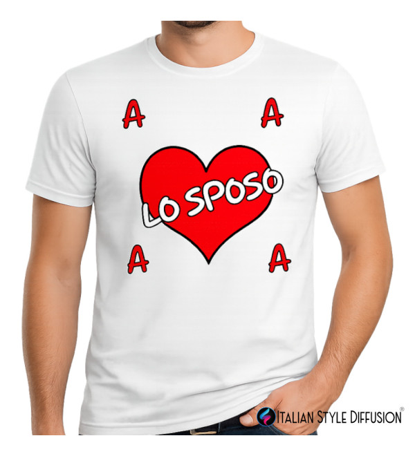 Maglietta “Lo Sposo” con Cuore Rosso – T-shirt Addio al Celibato Personalizzabile con Iniziali colore bianco