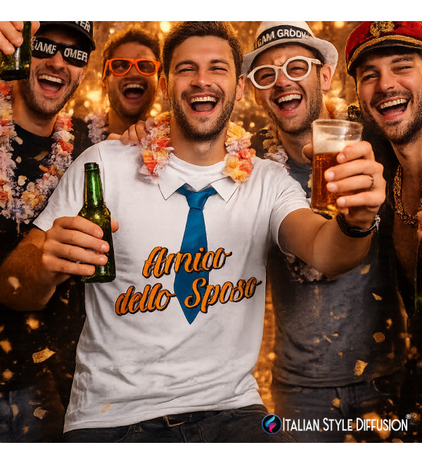 T-shirt “Amico dello Sposo” Cravatta Blu – Maglietta Personalizzata Team Sposo Addio al Celibato