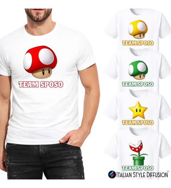 T-shirt “Team Sposo” Gamer – Maglietta Personalizzata Addio al Celibato 4 Varianti (Funghi, Stella, Pianta)
