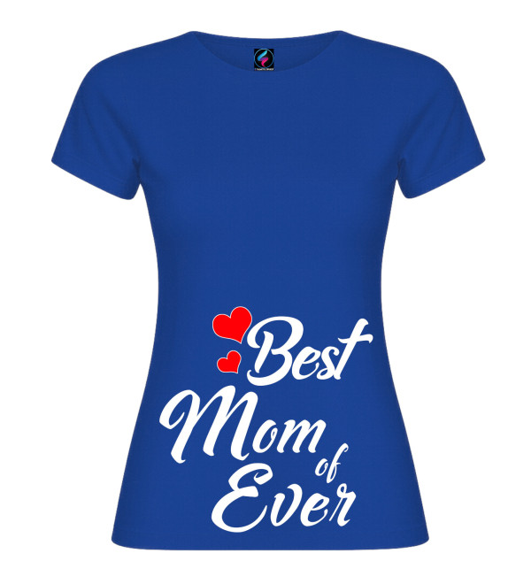 T-shirt premaman blu royal con scritta “Best Mom of Ever” e cuori rossi