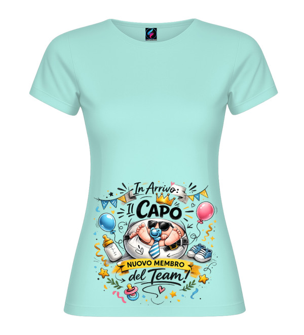 T-shirt premaman verde menta “In arrivo il Capo”, grafica dolce bebè e nuovo membro del team