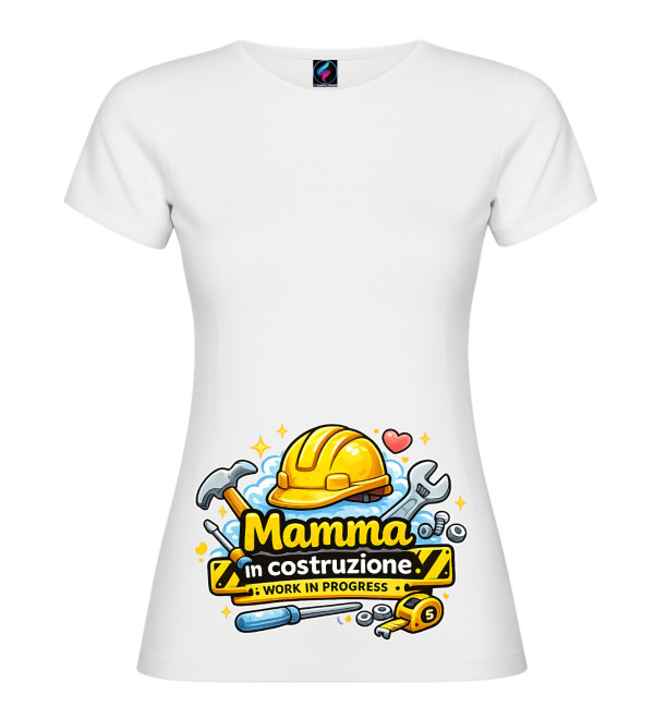 Maglietta premaman bianca “Mamma in costruzione” con grafica cantiere, simpatica per futura mamma