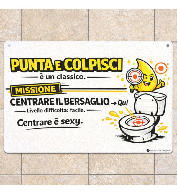 Targa Bagno Uomini 20x15 “Punta e Colpisci” in Alluminio – Cartello WC per Bar, Ristoranti e Locali