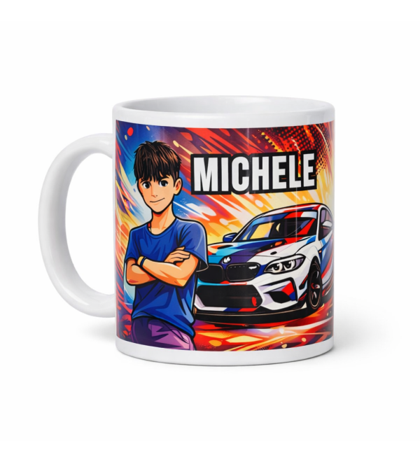 tazza personalizzata con foto, auto e nome grafica cartoon