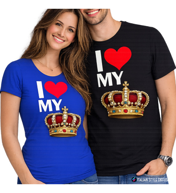 T-shirt coppia “I Love My” con corona | King & Queen