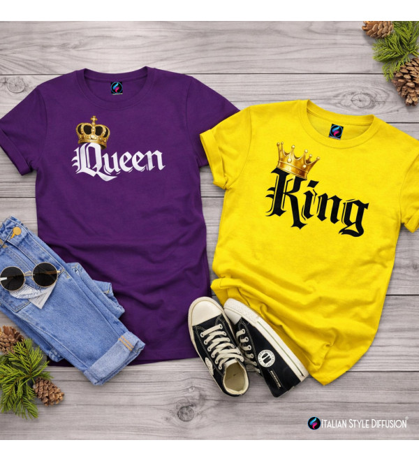 Magliette coppia King Queen con corona oro | Set lui e lei