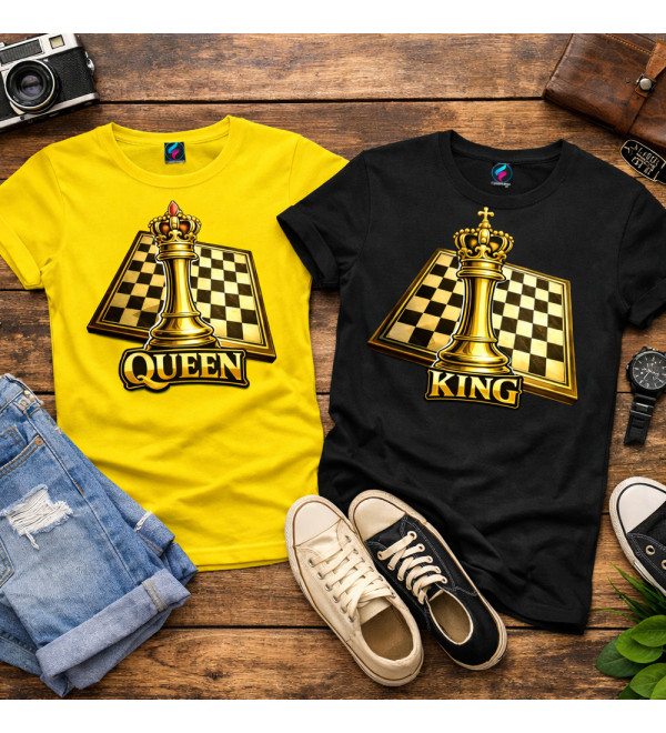 Magliette coppia scacchi King & Queen T-shirt scacchiera lui e lei colore bianco