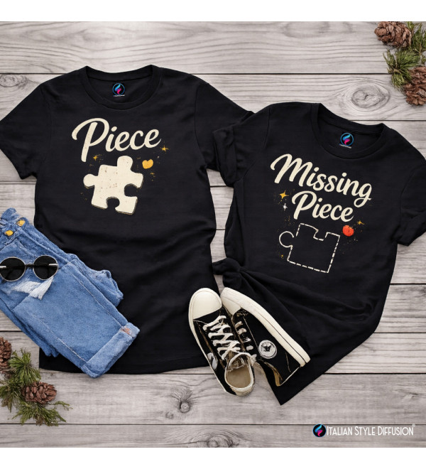 Magliette coppia Puzzle Piece Missing Piece T-shirt coordinate lui e lei colore nero