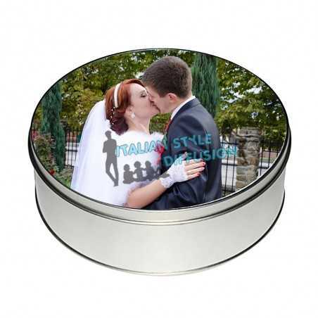 Scatola portaconfetti in alluminio personalizzata con foto o immagini in tema del matrimonio rotonda