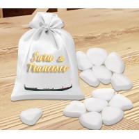 Sacchettino portaconfetti in raso bianco sacchetto per bomboniere personalizzato con foto o immagini in tema del matrimonio