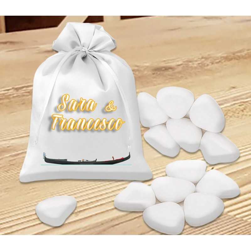 Sacchettino portaconfetti in raso bianco sacchetto per bomboniere personalizzato con foto o immagini in tema del matrimonio
