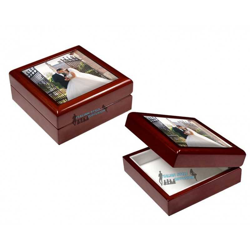 Scatola portagioie portaconfetti parteciapzioni personalizzata in legno e ceramica con foto o immagini in tema del matrimonio