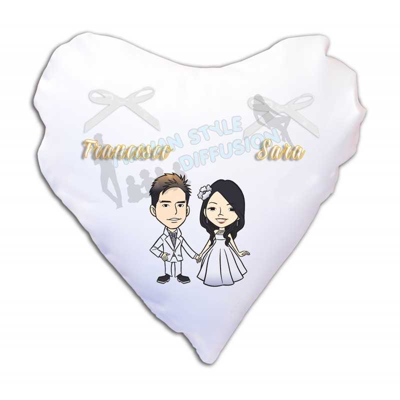 Cuscino nunziale portafedi a forma di cuore personalizzato bianco in raso stampa personalizzata matrimonio
